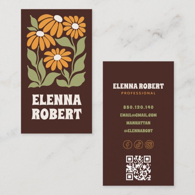 brown groovy sunflower soft business card (Front/Back)