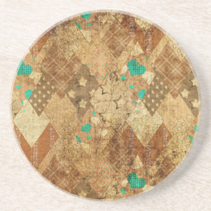 Brown Grunge Quilt Stars Hearts Coaster
