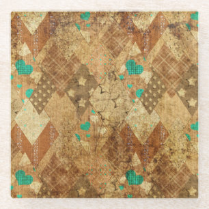 Brown Grunge Quilt Stars Hearts Glass Coaster