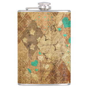 Brown Grunge Quilt Stars Hearts Hip Flask