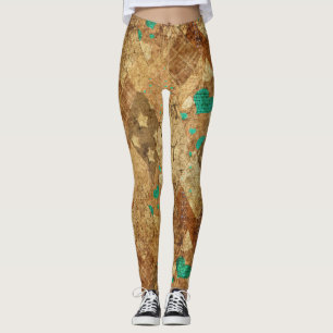 Brown Grunge Quilt Stars Hearts Leggings