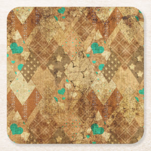 Brown Grunge Quilt Stars Hearts Square Paper Coaster