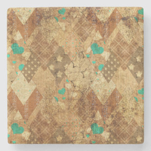 Brown Grunge Quilt Stars Hearts Stone Coaster