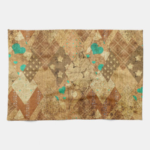 Brown Grunge Quilt Stars Hearts Tea Towel