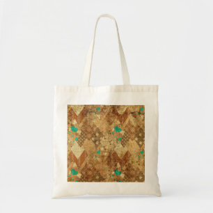 Brown Grunge Quilt Stars Hearts Tote Bag