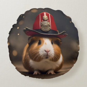 Brown Guinea Pig Wearing A Fireman's Hat, Round Cushion