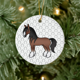 Brown Gypsy Vanner Clydesdale Shire Cartoon Horse Ceramic Tree Decoration