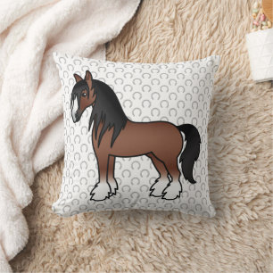 Brown Gypsy Vanner Clydesdale Shire Cartoon Horse Cushion