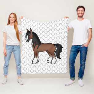 Brown Gypsy Vanner Clydesdale Shire Cartoon Horse Fleece Blanket