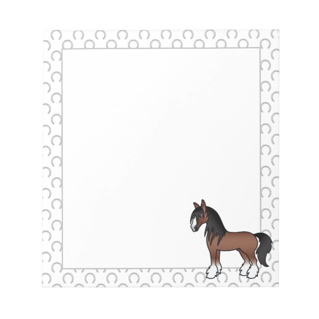 Brown Gypsy Vanner Clydesdale Shire Cartoon Horse Notepad (Front)