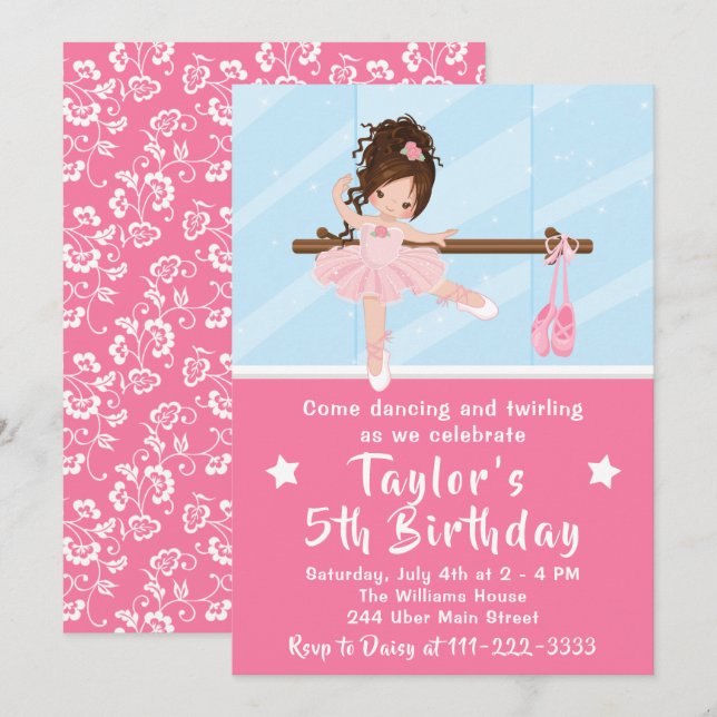 Brown Hair Ballerina in Pink Tutu Birthday Invitation (Front/Back)