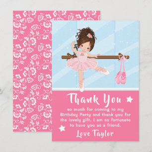 Brown Hair Ballerina Pink Birthday Thank You Card