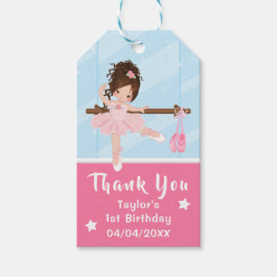 Brown Hair Ballerina Pink Birthday Thank You Gift Tags
