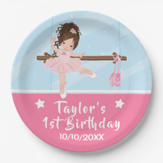 Brown Hair Ballerina Pink Tutu Birthday Paper Plat Plate