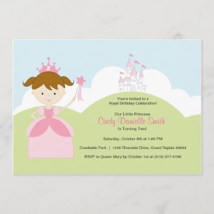 Brown Hair Birthday Princess in Pink with Castle Invitation