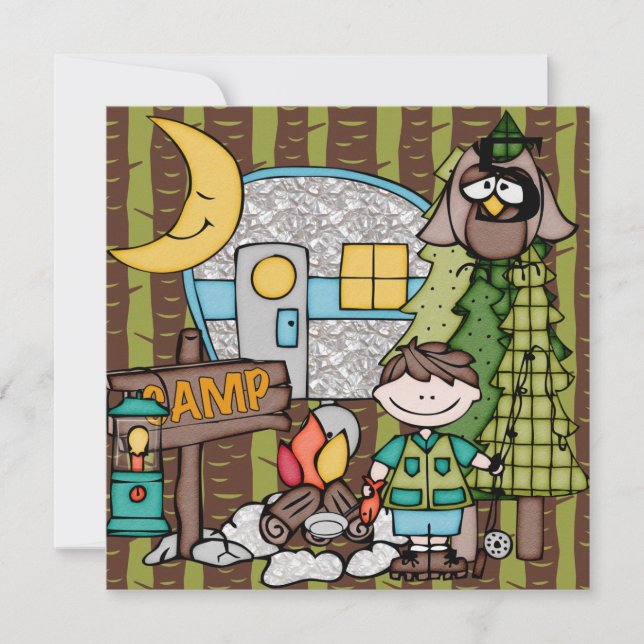 Brown Hair Boy Camping Birthday Invitations (Front)