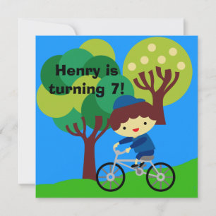 Brown Hair Boy on Bicycle Birthday Invitation