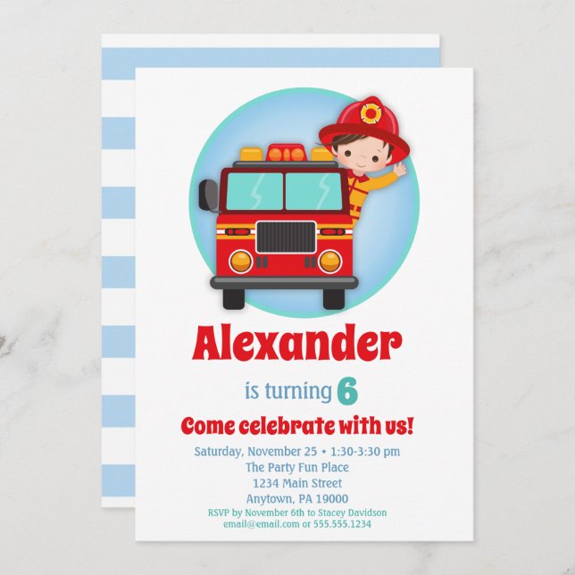Brown Hair Boys Firefighter Birthday Invitation (Front/Back)