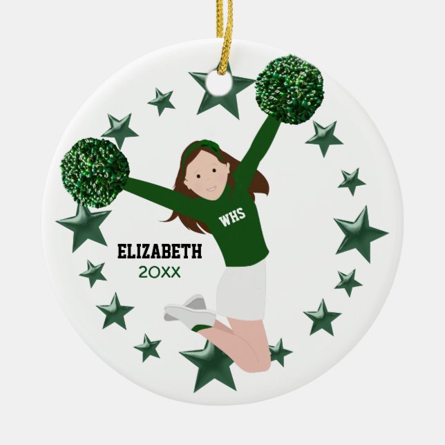 Brown Hair Cheerleader Pom Poms Green & White Ceramic Tree Decoration (Front)