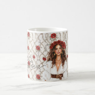 Brown Hair Female Roses Wreath Faux Wood Floral  Coffee Mug