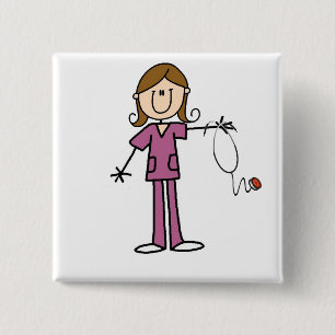 Brown Hair Female Stick Figure Nurse 15 Cm Square Badge