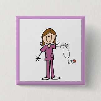 Brown Hair Female Stick Figure Nurse 15 Cm Square Badge