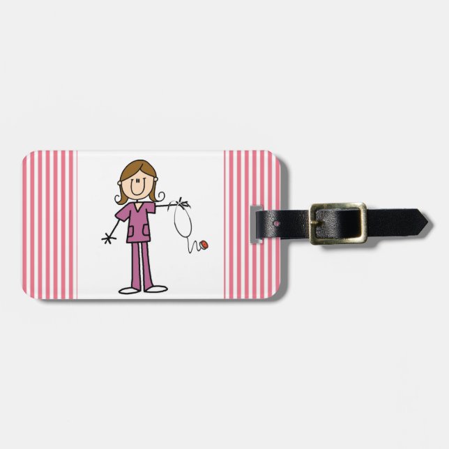 Brown Hair Female Stick Figure Nurse Luggage Tag (Front Horizontal)