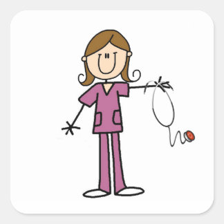 Brown Hair Female Stick Figure Nurse Square Sticker
