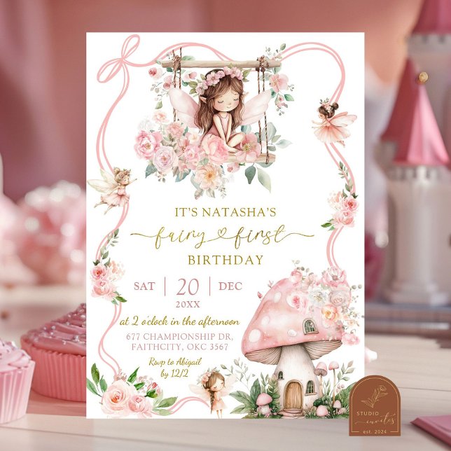 Brown Hair Girl fairy first birthday invitation (Creator Uploaded)