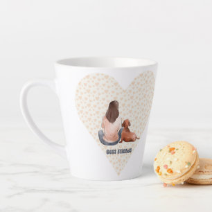 Brown hair girl sitting with her wiener dog latte mug