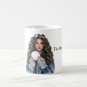 Brown Hair Girl Snowball Christmas Coffee Mug