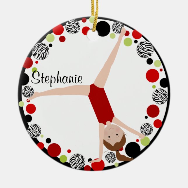 Brown Hair Gymnast Red, Black & Green Personalised Ceramic Tree Decoration (Front)