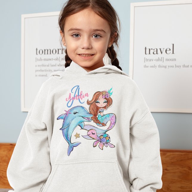 Brown Hair Mermaid Custom Kids Name Pink Girl (Brown Hair Mermaid Custom Kids Name Pink Girl Hoodie
)