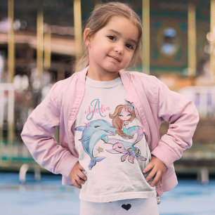 Brown Hair Mermaid Custom Kids Name Pink Girls T-Shirt