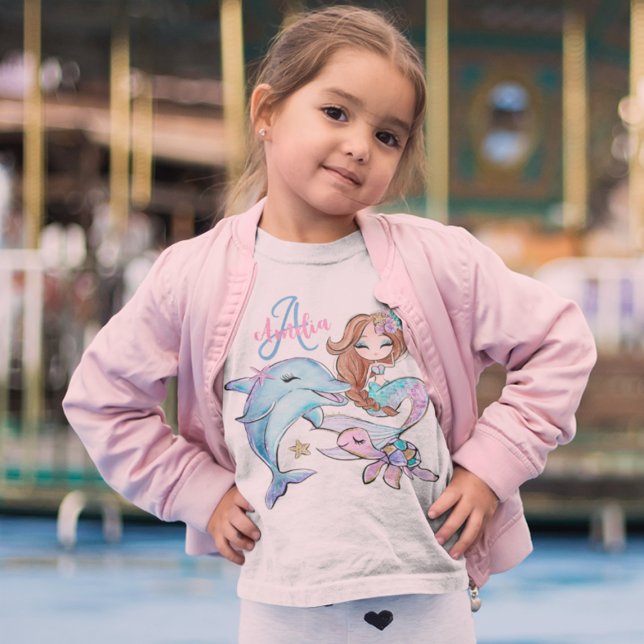 Brown Hair Mermaid Custom Kids Name Pink Girls T-Shirt (Brown Hair Mermaid Custom Kids Name Pink Girls T-Shirt
)