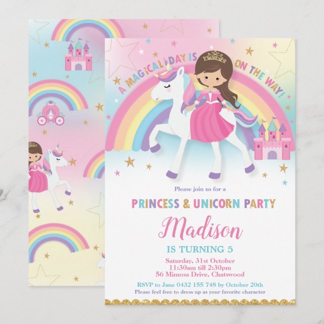 Brown Hair Princess and Unicorn Birthday Party Invitation (Front/Back)