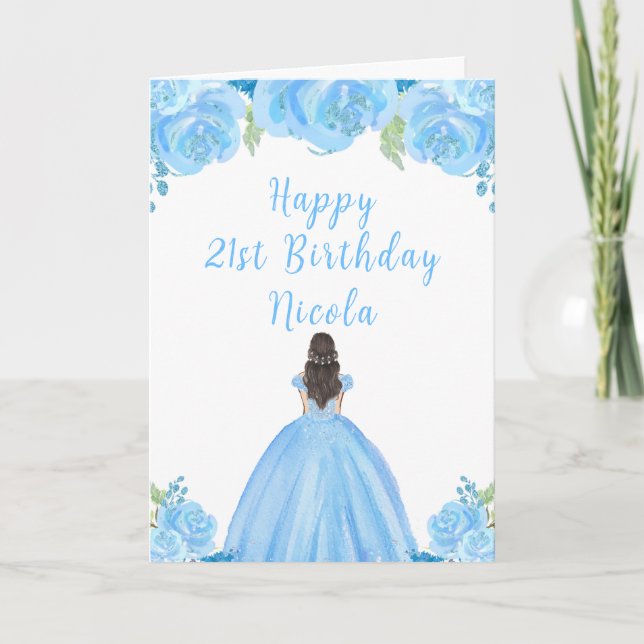 Brown Hair Princess Blue Floral Birthday Party Card (Front)