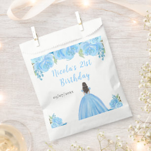 Brown Hair Princess Blue Floral Birthday Party Favour Bags