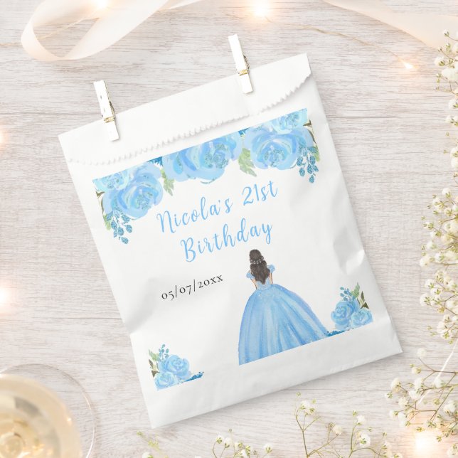 Brown Hair Princess Blue Floral Birthday Party Favour Bags (Clipped)