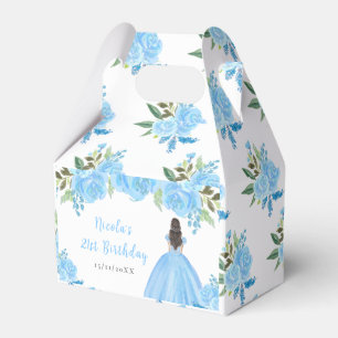 Brown Hair Princess Blue Floral Birthday Party Favour Box