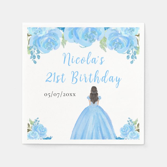Brown Hair Princess Blue Floral Birthday Party Napkin (Front)
