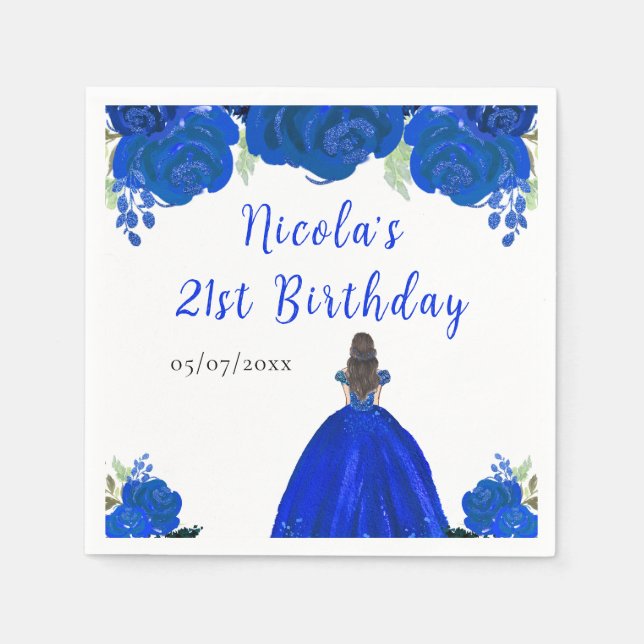Brown Hair Princess Blue Floral Birthday Party Napkin (Front)