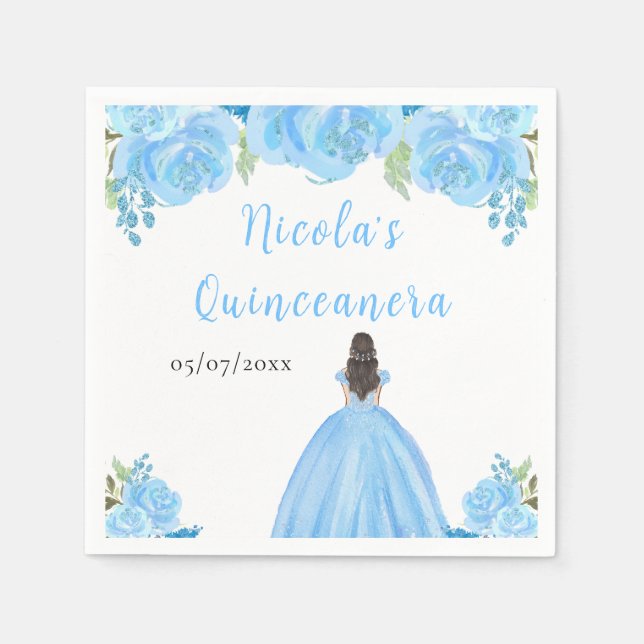 Brown Hair Princess Blue Floral Quinceanera Napkin (Front)