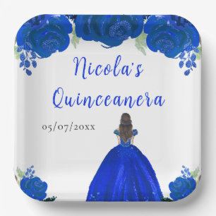 Brown Hair Princess Blue Floral Quinceanera Paper Plate