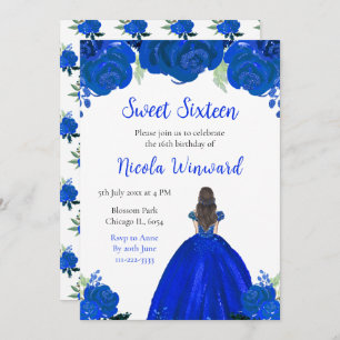 Brown Hair Princess Blue Floral Sweet Sixteen Invitation