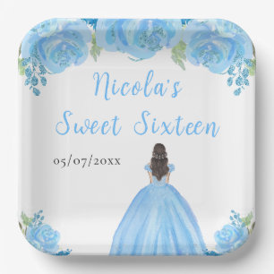 Brown Hair Princess Blue Floral Sweet Sixteen  Paper Plate
