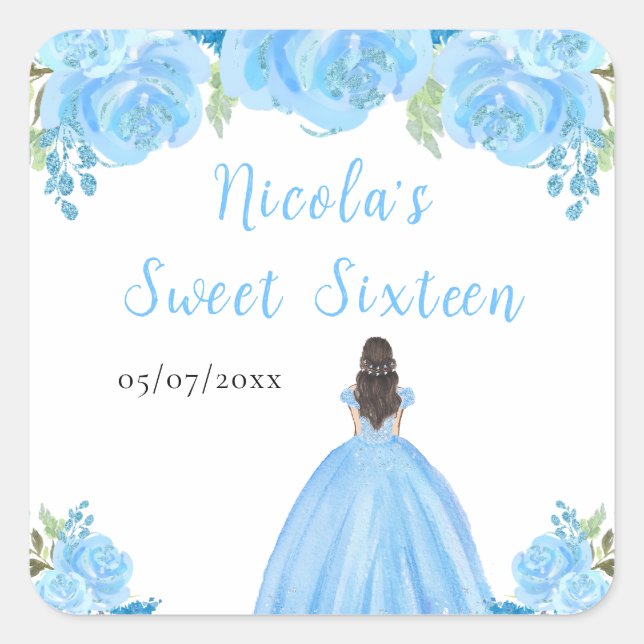 Brown Hair Princess Blue Floral Sweet Sixteen  Square Sticker (Front)