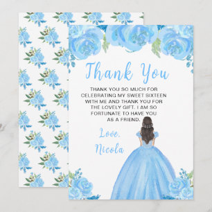 Brown Hair Princess Blue Floral Sweet Sixteen Thank You Card