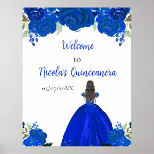 Brown Hair Princess Blue Quinceanera Welcome Poster
