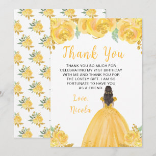 Brown Hair Princess Gold Floral Birthday Party Thank You Card